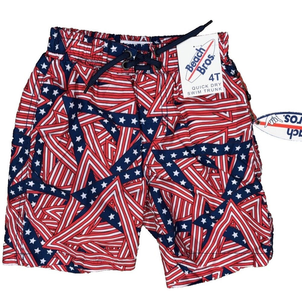 Beach Bros Angled Flag Toddler Swim Trunks Boys sz 4T  American Flag Red